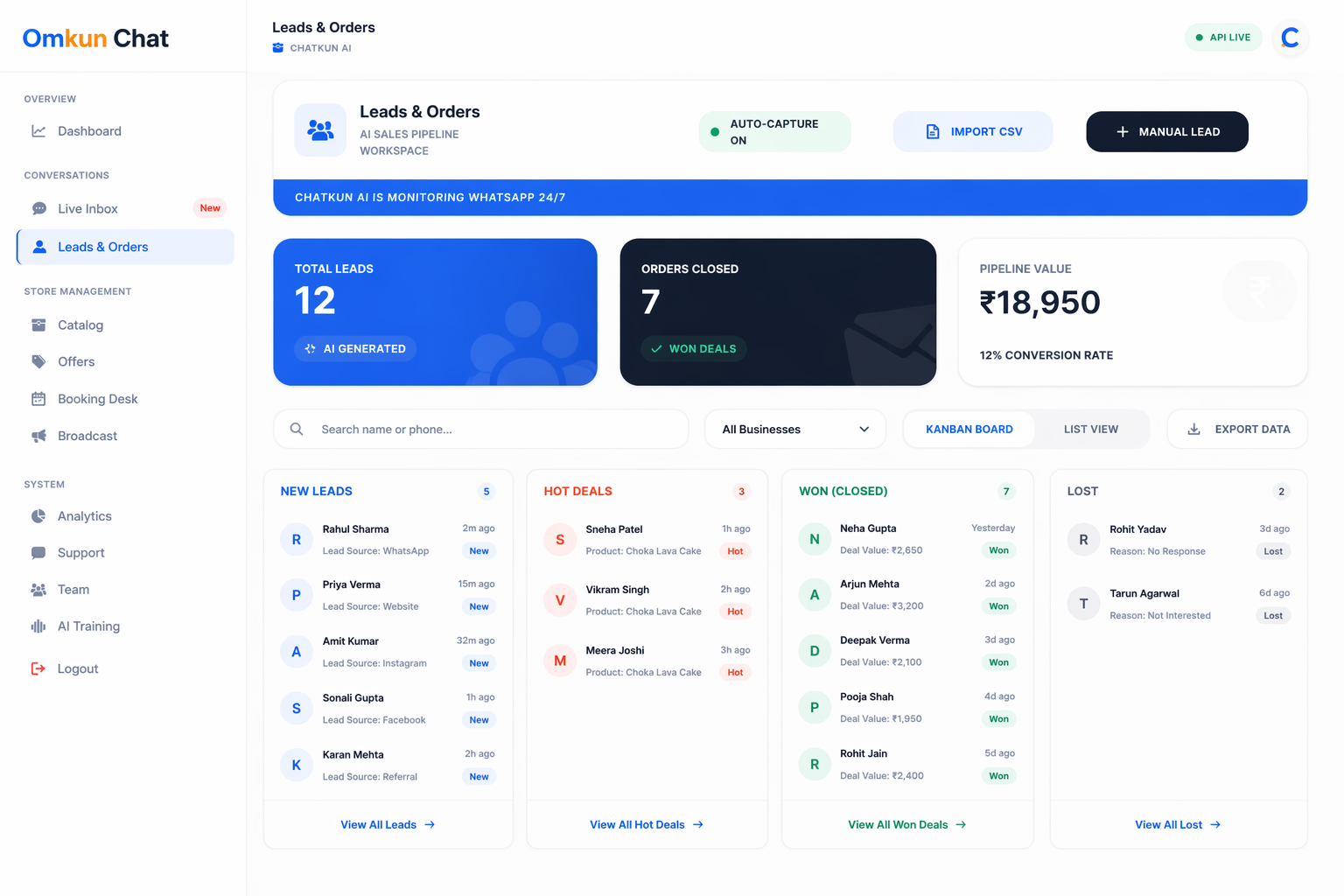 Omkun Chat Kanban CRM View