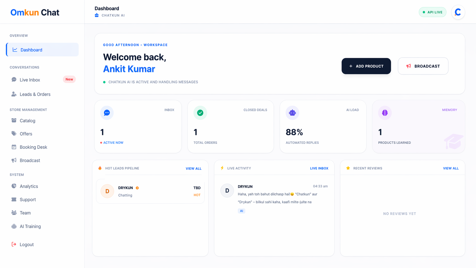 Omkun Chat Powerful Dashboard Interface